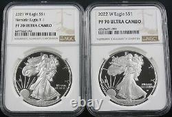 2021 W Type 1 & 2022 W Proof American Silver Eagles Ngc Pf70 2 Coin Set