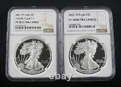 2021 W Type 1 & 2022 W Proof American Silver Eagles Ngc Pf70 2 Coin Set