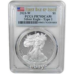 2021 W Type 1 American Silver Eagle Dollar PR 70 DCAM PCGS First Day of Issue