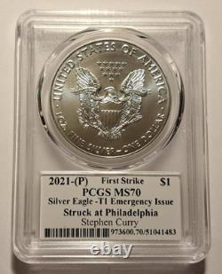 2021(p) Silver Eagle $1 Pcgs Ms70 Fs Legends Of Life Stephen Curry Auto Emer Iss
