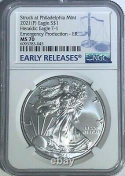 2021 (p) Silver Eagle Ngc Ms70 Er T-1 Emergency Production Struck Philadelphia B