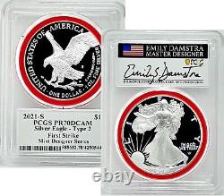 2021-s Silver Eagle? Damstra Signed? Mint Engravers? Pcgs Pr70