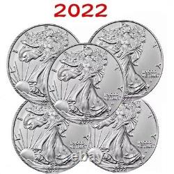 2022 1 oz American Silver Eagle Coin BU Lot of 5 Coins