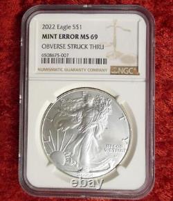 2022 NGC MS69 Obv Struck Thru Mint Error Silver Eagle Dollar, 1oz. 999 Silver