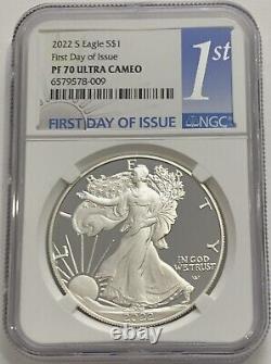 2022 S $1 Ngc Pf70 Ultra Cameo Fdi First Day Of Issue Proof Silver Eagle Fdoi