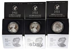 2022 Silver Eagle Set 2022-W Proof, 2022-S Proof, 2022-W Burnished Unc, with OGP