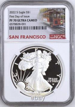 2022 s proof silver eagle, ngc pf70 uc first day of issue, trolley, in hand