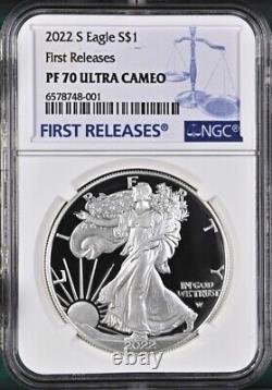 2022 s proof silver eagle, ngc pf70 uc first releases, f/r label, in hand