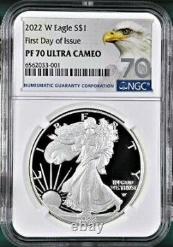 2022 w proof silver eagle, ngc pf70uc first day of issue, ase 70 label, in hand