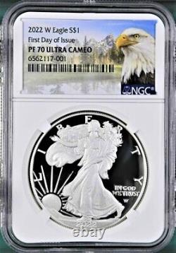 2022 w proof silver eagle, ngc pf70uc first day of issue, eagle/mtn label