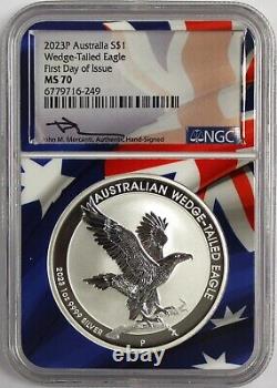 2023 P $1 Australia 1oz Silver Wedge Tailed Eagle NGC MS70 FDOI Mercanti Signed