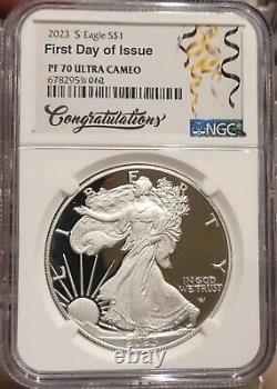 2023 S Silver Eagle NGC PF70, FDI FIRST DAY OF ISSUE CONGRATULATION PRESALE %%