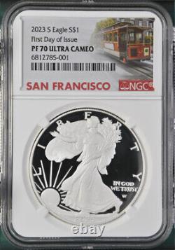 2023 s proof silver eagle ngc pf 70 uc first day of issue trolley label in hand