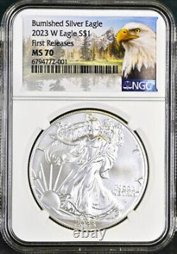 2023 w burnished silver eagle ngc ms70 first releases mtn label in hand