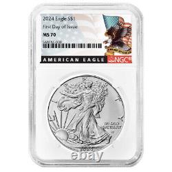 2024 $1 American Silver Eagle 3pc Set NGC MS70 FDI Black Label Red White Blue