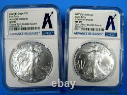 2024,2025 (P) Silver Eagles WithStar & Eagle Privies NGC Ms 69 First 50K Struck AR