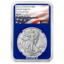 2024 (W) $1 American Silver Eagle 3pc Set NGC MS70 FDI Flag Label Red White Blue