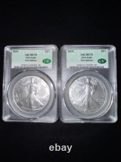 2025 (2 Coins) $1 AMERICAN SILVER EAGLE CAC MS70 FIRST DELIVERY LABEL
