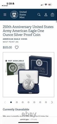 250th Anniversary U. S. Army American Eagle One Ounce Silver Proof Coin IN HAND