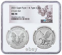 2 Coin Set 2021 American Silver Eagle Type 2 & Type 1 Type Set NGC MS70