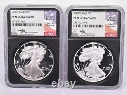 (2) PF70UCAM 1986-S & 2020-W American Silver Eagles Mercanti Signed NGC 8650