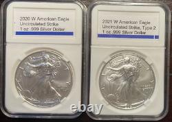 American Silver Eagles WEST POINT 2020 and 2021 type 1 and type 2 together