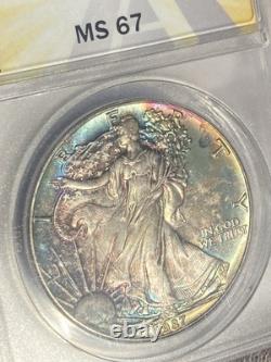 Beautiful 1987 American Eagle ANACS Silver Coin BU Slab MS67 Rainbow Tone