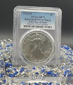 Burnished 2023 W $1 Silver Eagle FDOI PCGS SP70 Blue Label Pristine! 1 of 1869