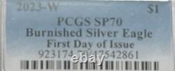 Burnished 2023 W $1 Silver Eagle FDOI PCGS SP70 Blue Label Pristine! 1 of 1869