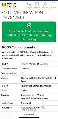 Burnished 2023 W $1 Silver Eagle FDOI PCGS SP70 Blue Label Pristine! 1 of 1869