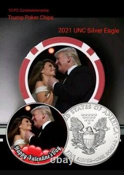 Donald & Melania Trump UNC Silver Eagle 1oz. 999 Silver Coin, 10pc Poker Chips