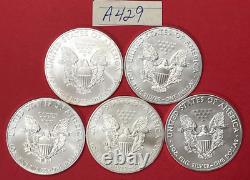 FIVE $1 American Silver Eagles 1 oz BU 5 BU Coins 2010-2020 Estate Sale A429