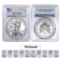 Lot of 10 2018 1 oz Silver American Eagle $1 Coin PCGS MS 70 FS (Flag Label)