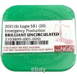 Lot of 20 2021 (S) $1 Type 2 American Silver Eagle NGC GEM BU Emergency Produc
