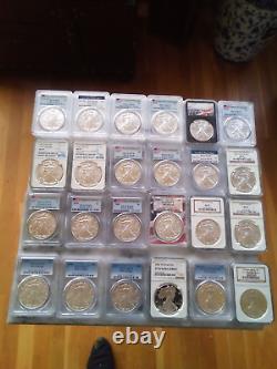 Lot of 24 American silver eagles 1 oz coins PCGS & NGC MS-70, PF-70 & PR-70