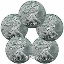 Lot of 5 2016 1 oz. American Silver Eagles. 999 Silver, Gem BU withNo Marks