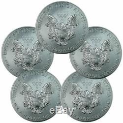 Lot of 5 2016 1 oz. American Silver Eagles. 999 Silver, Gem BU withNo Marks