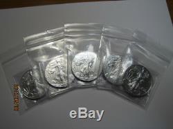 Lot of 5 2016 1 oz. American Silver Eagles. 999 Silver, Gem BU withNo Marks