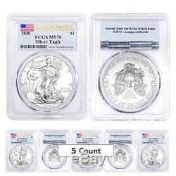 Lot of 5 2020 1 oz Silver American Eagle $1 Coin PCGS MS 70 FS (Flag Label)