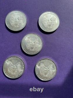 Lot of Five Brilliant Uncirculated U. S. $1 Silver Eagles dated 2010