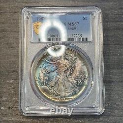 MS67 1987 $1 ASE Silver Eagle Dollar, PCGS Trueview- Nicely Rainbow Toned