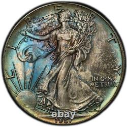 MS67 1987 $1 ASE Silver Eagle Dollar, PCGS Trueview- Nicely Rainbow Toned