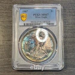 MS67 1987 $1 ASE Silver Eagle Dollar, PCGS Trueview- Nicely Rainbow Toned