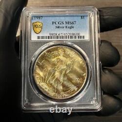 MS67 1987 ASE Silver Eagle Dollar PCGS Secure- Corrugated Cardboard Stripe Toned