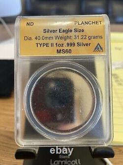 Mint Error American Silver Eagle 1oz Type II Blank Planchet. 999 ANACS MS60