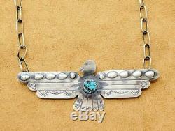 Native American Stamp Sterling Silver Turquoise Thunderbird Eagle Chain Necklace