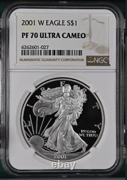 PF70 UCAM 2001-W American Silver Eagle Brown Label NGC Spot Free White