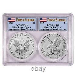 Presale 2021 $1 Type 1 and Type 2 Silver Eagle Set PCGS MS69 FS Flag Label