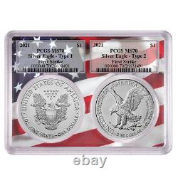 Presale 2021 $1 Type 1 and Type 2 Silver Eagle Set PCGS MS70 FS Flag Frame