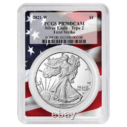 Presale 2021-W Proof $1 Type 2 American Silver Eagle PCGS FS PR70DCAM Flag Fra